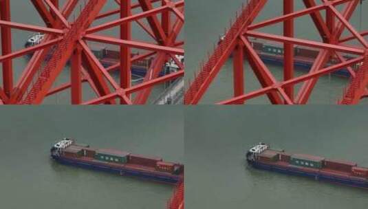 长焦航拍货轮经过钢铁桥梁特写高清在线视频素材下载