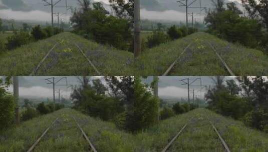 格鲁吉亚阿茨库里附近被遗弃的铁轨，天空阴沉。空中撤退高清在线视频素材下载