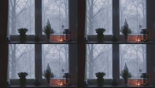 室内拍摄窗外鹅毛大雪高清在线视频素材下载