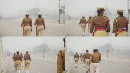 印度准军事军官走在路上高清在线视频素材下载