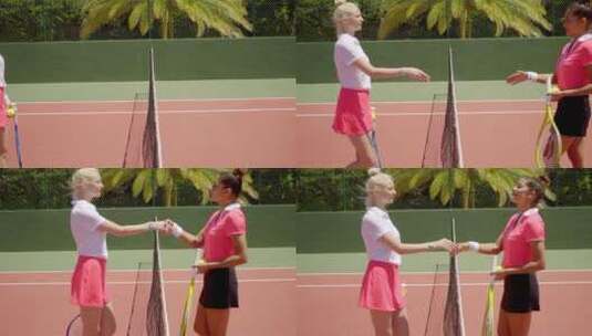 两名女子网球对手握手的慢镜头高清在线视频素材下载