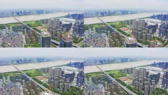 航拍杭州滨江地标智慧之门和机场城市大道高清在线视频素材下载