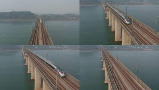 高铁穿过高铁桥穿过河流4k高清在线视频素材下载