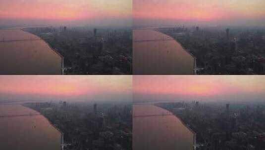 杭州城市风光：钱塘江两岸日出景观高清在线视频素材下载