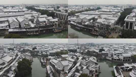 航拍江苏苏州同里古镇雪景冬季4K高清在线视频素材下载