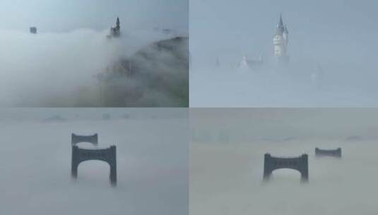 大连星海大桥平流雾航拍 城堡平流雾 平流雾高清在线视频素材下载