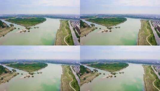 衢州现代城市风光和衢江自然风貌航拍高清在线视频素材下载