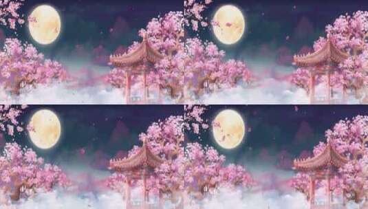 浪漫桃花夜晚月亮唯美视频背景高清在线视频素材下载