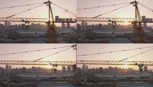 航拍夕阳下的建筑工地高清在线视频素材下载