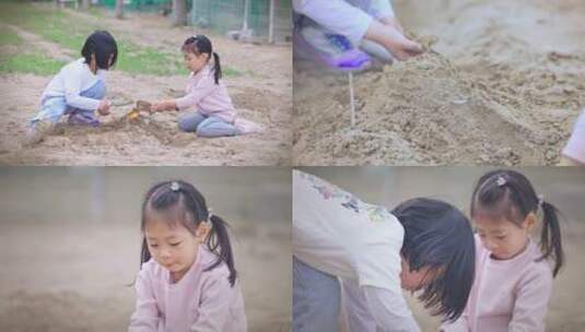 两个小女孩户外玩沙子高清在线视频素材下载