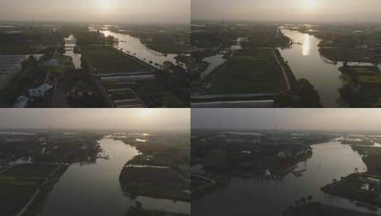上海金山漕泾郊野公园水库村日出航拍高清在线视频素材下载