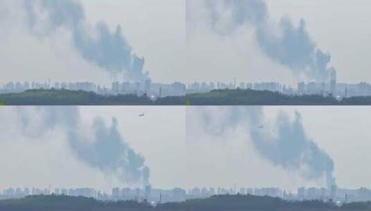 城市失火浓烟飞机飞过高清在线视频素材下载