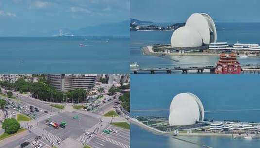 4k珠海海上歌剧院日月贝蓝天白云航拍合集高清在线视频素材下载