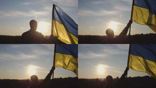 乌克兰陆军男性士兵举起蓝洛旗帜纪念战胜俄高清在线视频素材下载