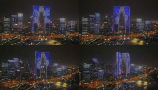 苏州东方之门夜景4k航拍高清在线视频素材下载