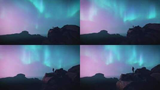 北极光在山顶上移动剪影徒步旅行者3D动画高清在线视频素材下载