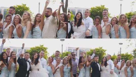 新郎新娘和兴奋的朋友在公园伴郎和漂亮的婚高清在线视频素材下载