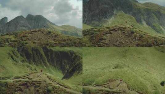 人，山，徒步旅行，天线高清在线视频素材下载