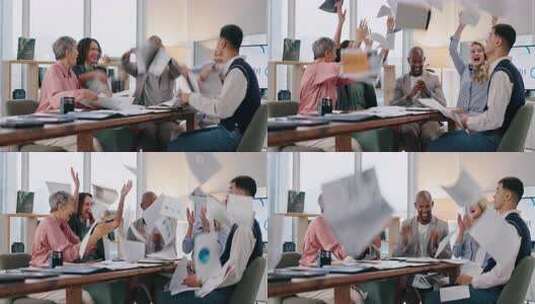 快乐的商人，庆祝和纸扔在b2b交易，会议高清在线视频素材下载