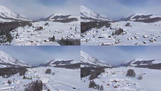 航拍新疆禾木雪景森林雪地小木屋禾木桥雪山高清在线视频素材下载