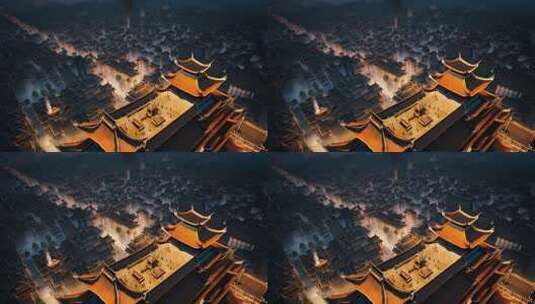 古风城市建筑夜景俯瞰高清在线视频素材下载