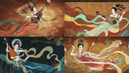 敦煌飞天乐舞琵琶高清在线视频素材下载