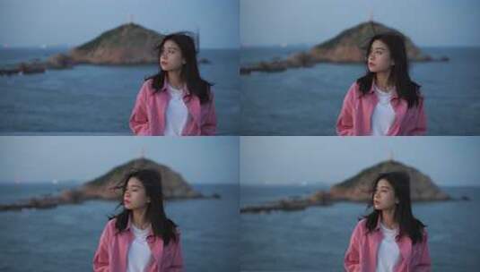 海边女子眺望远方小岛高清在线视频素材下载