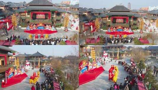 方特古风建筑前的舞狮表演高清在线视频素材下载