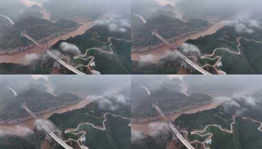 河流山川云雾桥梁建设风景航拍高清在线视频素材下载