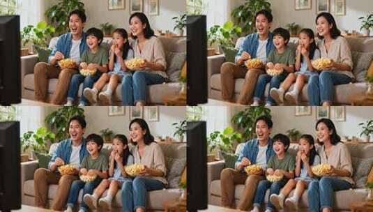 一家人沙发上看电视吃爆米花高清在线视频素材下载