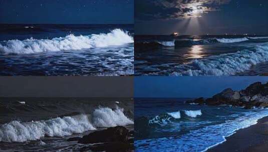 月夜海浪涌动画面 月光下的海浪拍打高清在线视频素材下载