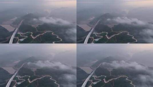 河流山川云雾桥梁建设风景航拍高清在线视频素材下载