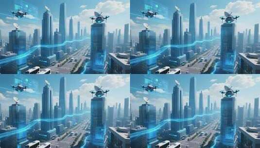 未来科技感城市与空中无人机画面高清在线视频素材下载
