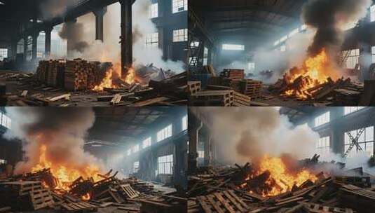 工厂内木材燃烧场景高清在线视频素材下载