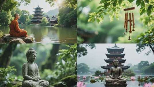 宁静湖泊边僧侣冥想时光高清在线视频素材下载