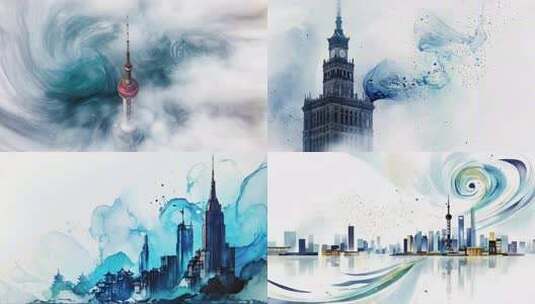 合集-水墨风上海东方明珠塔云雾环绕景象高清在线视频素材下载