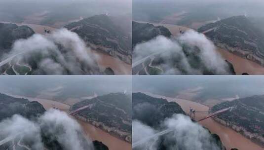 河流山川云雾桥梁建设风景航拍高清在线视频素材下载