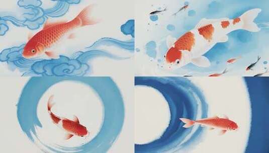 中国传统风格锦鲤水墨动画高清在线视频素材下载