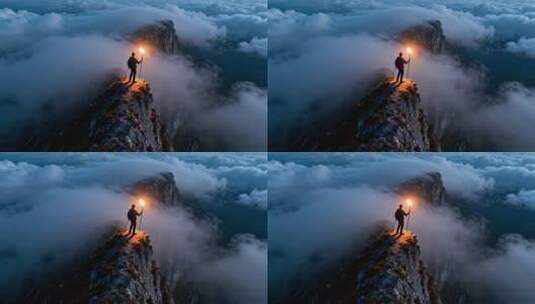 山顶持火把站立的登山者高清在线视频素材下载