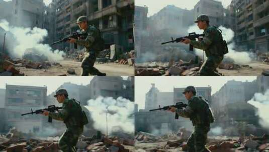 士兵在废墟区域持枪行动高清在线视频素材下载