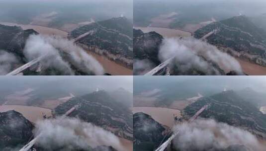 河流山川云雾桥梁建设风景航拍高清在线视频素材下载