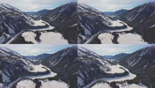 新疆阿勒泰地区喀纳斯景区雪景航拍高清在线视频素材下载