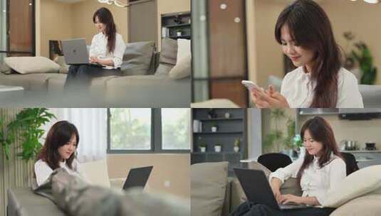女性居家办公休闲惬意玩手机高清在线视频素材下载