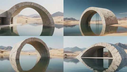 沙漠中的拱形建筑与水景高清在线视频素材下载