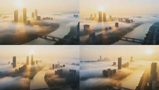 城市日出云海中的高楼景观高清在线视频素材下载