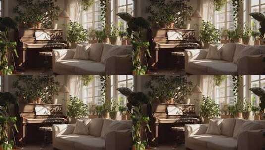 室内阳光照射的沙发钢琴绿植场景高清在线视频素材下载