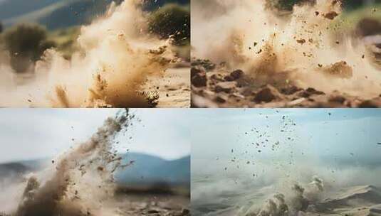 尘土飞扬的爆破瞬间碎石飞溅的冲击波高清在线视频素材下载
