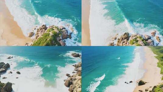 海滩礁石海浪俯拍画面高清在线视频素材下载