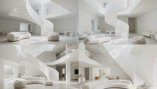 现代室内白色螺旋楼梯空间高清在线视频素材下载