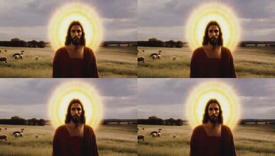 耶稣形象站在田野背景前高清在线视频素材下载